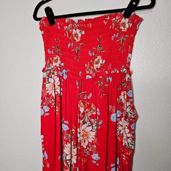 American Eagle M Red Floral Smocked Jumpsuit Wide Leg Resort Beach Vacation - Picture 9 of 10
